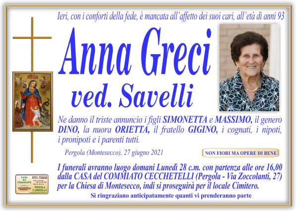 manifesto funebre di Greci Anna