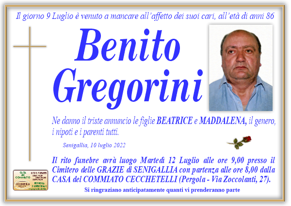 manifesto funebre di Gregorini Benito