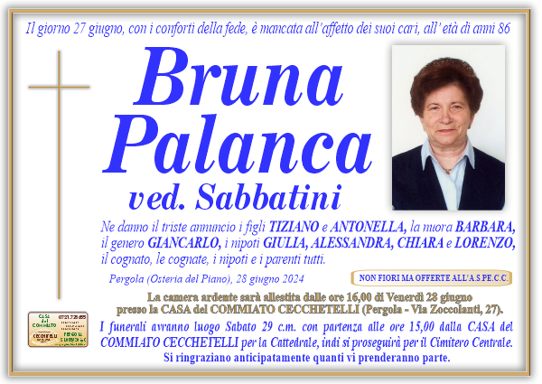 manifesto funebre di Palanca Bruna