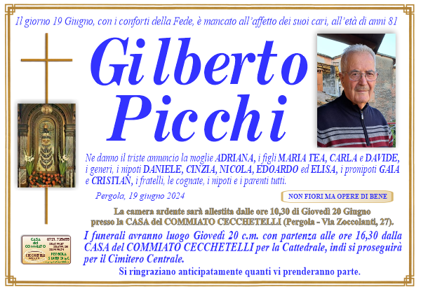 manifesto funebre di Picchi Gilberto