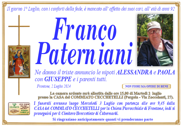 manifesto funebre di Paterniani Franco