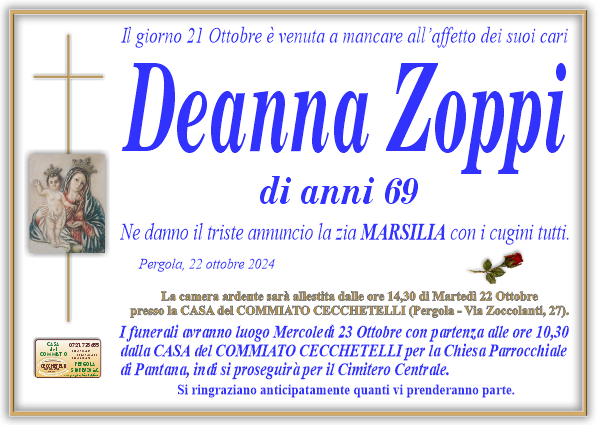 Necrologio di Deanna Zoppi. I funerali avranno luogo Mercoledi 23 Ottobre  alle ore 10,30