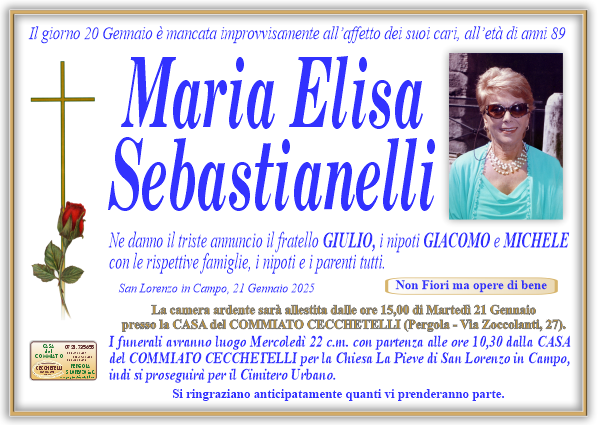 Necrologio di Maria Elisa Sebastianelli. I funerali avranno luogo Mercoledi 22 Gennaio  alle ore 10,30